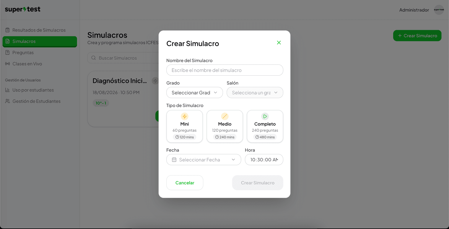 Ventana Crear Simulacro con los campos Nombre, Grado, Salón, los tres tipos de prueba, Fecha y Hora.