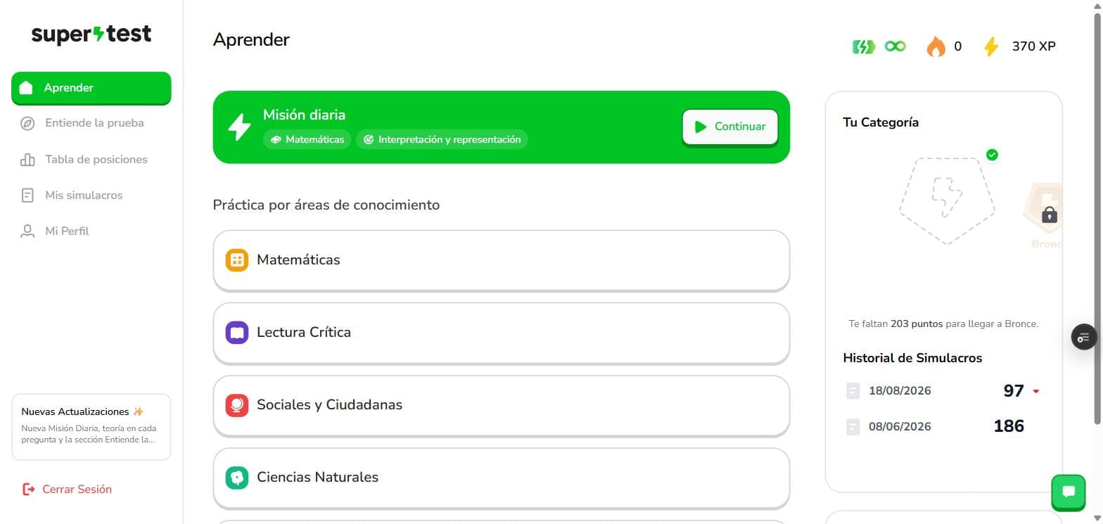 Pantalla Aprender: barra verde de Misión diaria con el botón Continuar, la lista de asignaturas debajo, y a la derecha los paneles Tu Categoría e Historial de Simulacros.