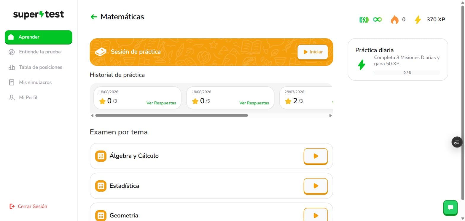 Pantalla de Matemáticas: barra naranja Sesión de práctica con el botón Iniciar, el Historial de práctica con tarjetas por fecha, y la lista Examen por tema.