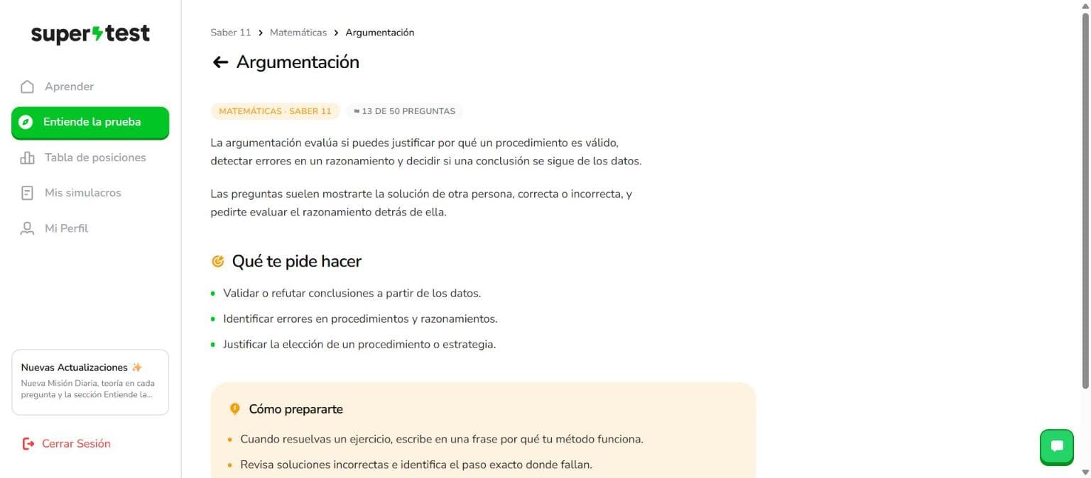 Ficha de la competencia Argumentación de Matemáticas, con la etiqueta de 13 de 50 preguntas, la explicación, la lista Qué te pide hacer y el recuadro Cómo prepararte.