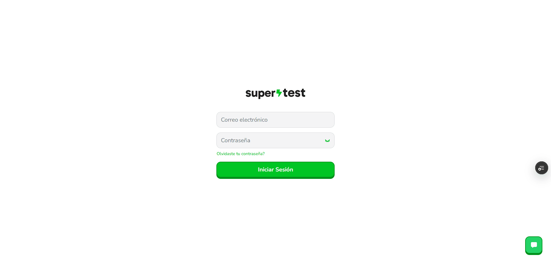 Pantalla de inicio de sesión de Supertest, con los campos Correo electrónico y Contraseña, el enlace «Olvidaste tu contraseña?» y el botón verde Iniciar Sesión.