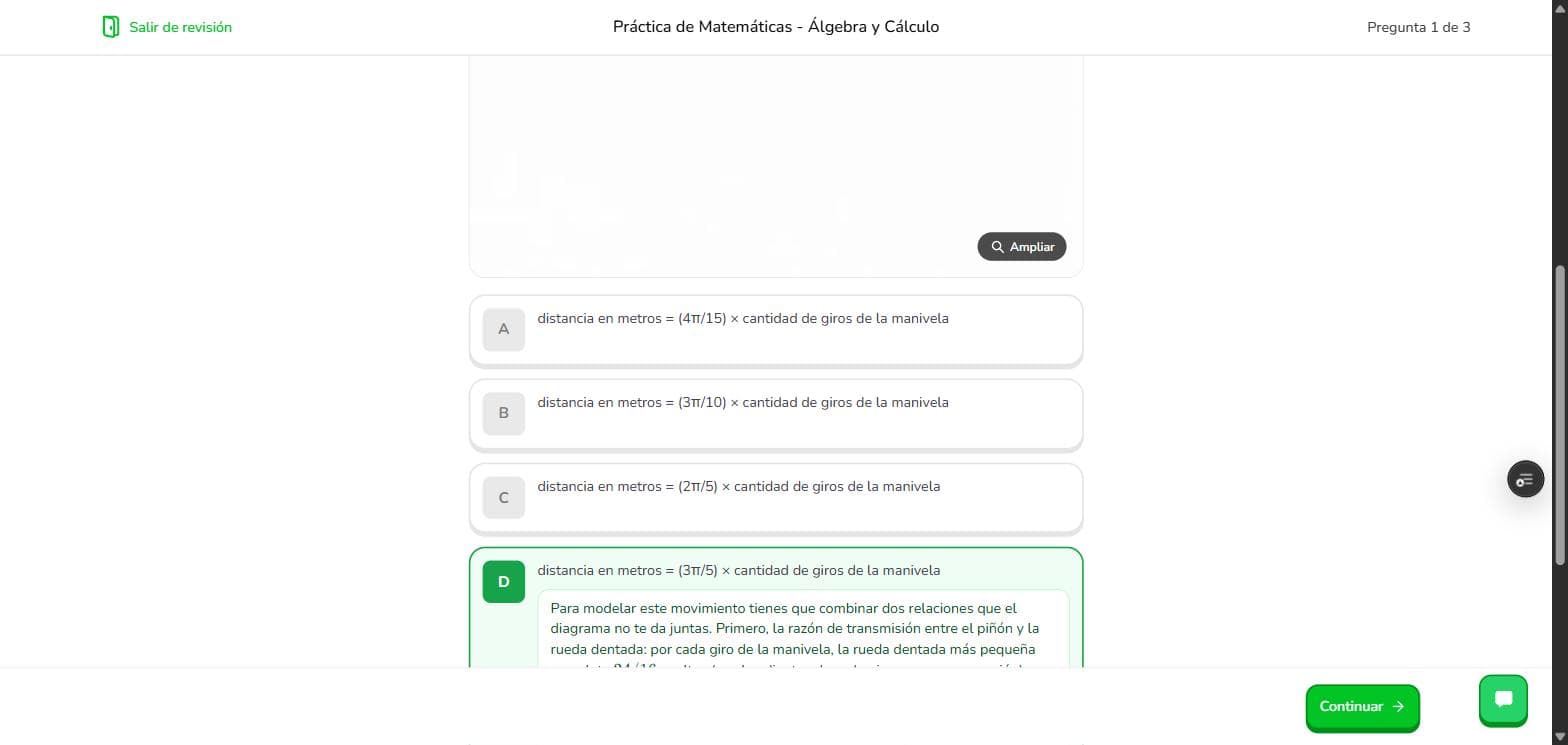 Pantalla de revisión con las cuatro opciones de una pregunta de Matemáticas; la opción D aparece marcada en verde y debajo se despliega la explicación del procedimiento.