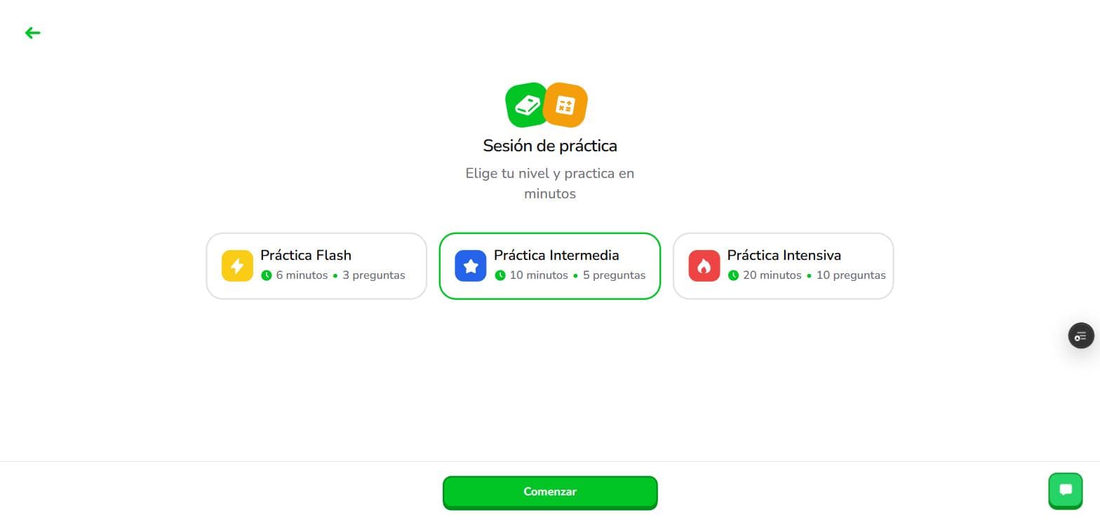 Pantalla Sesión de práctica con las tres opciones: Práctica Flash de 6 minutos y 3 preguntas, Práctica Intermedia de 10 minutos y 5 preguntas marcada en verde, y Práctica Intensiva de 20 minutos y 10 preguntas.