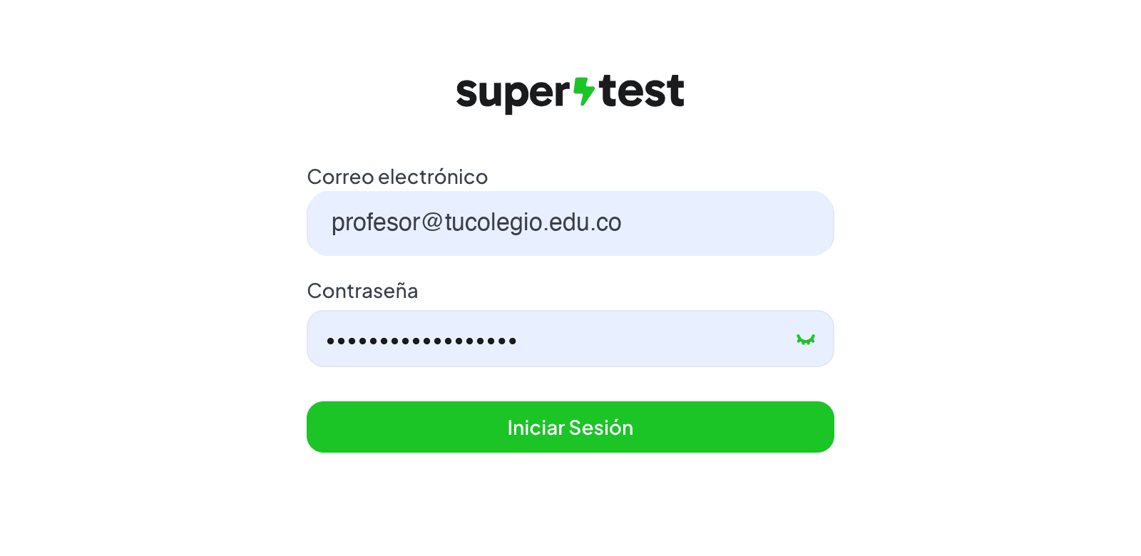Pantalla de inicio de sesión de Supertest, con los campos Correo electrónico y Contraseña y el botón Iniciar Sesión.