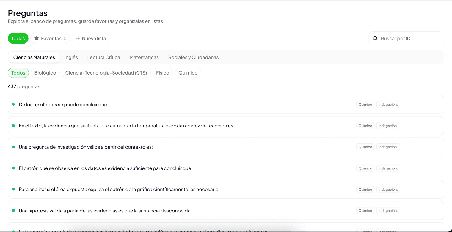 Banco de preguntas filtrado por Ciencias Naturales, con los componentes de la materia y el listado de preguntas.